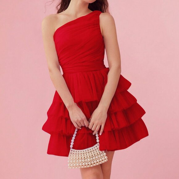 Dresses & Skirts - Red Elegant Women's Asymmetric Ruffle Layered Mesh Overlay Dress